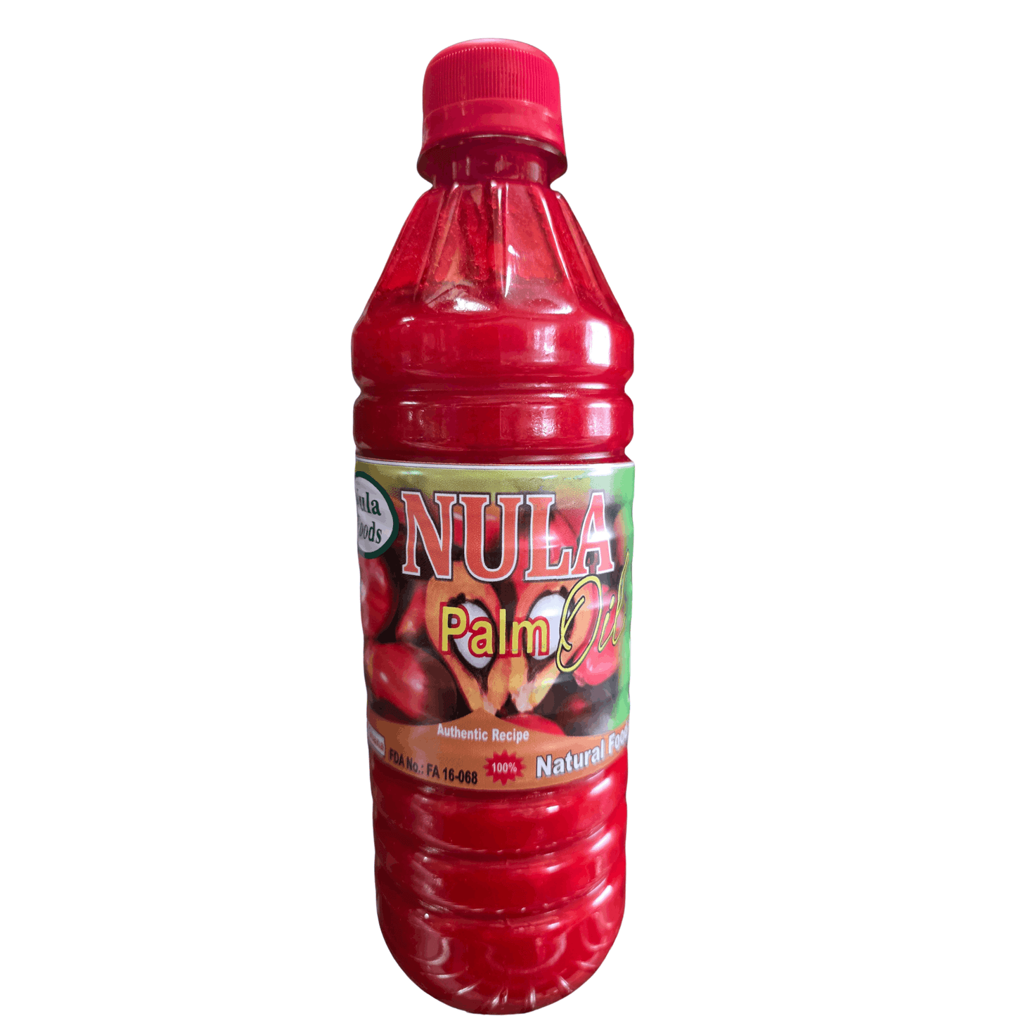 Red bottle of Nula Palm Oil on a white background