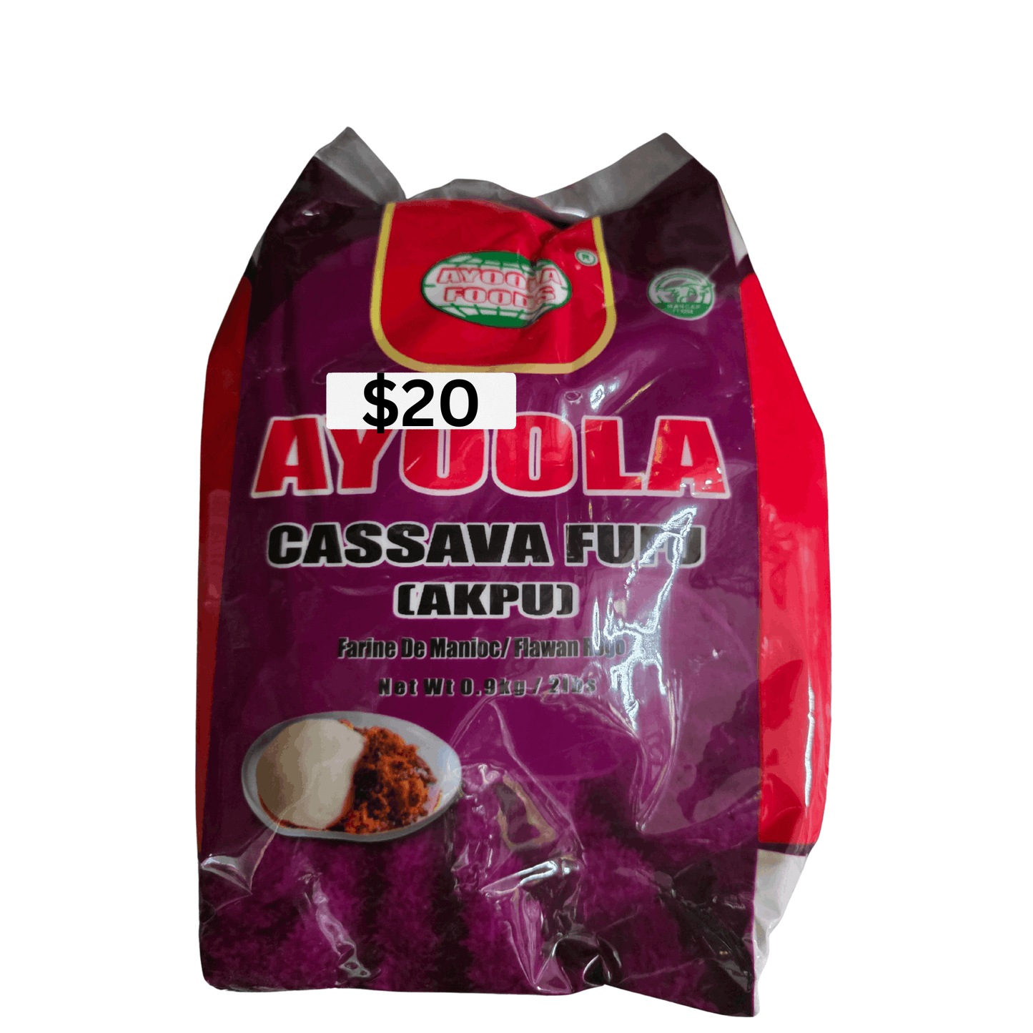 Purple packaging of Ayuola Cassava Fufu with a price tag of $20 on a white background