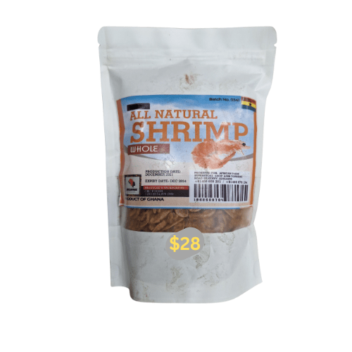 Package of all natural shrimp with a label and price tag on a white background