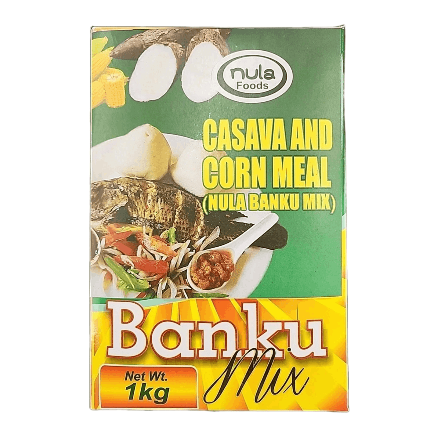 Box of Nula Foods Casava and Corn Meal Banku Mix on a white background