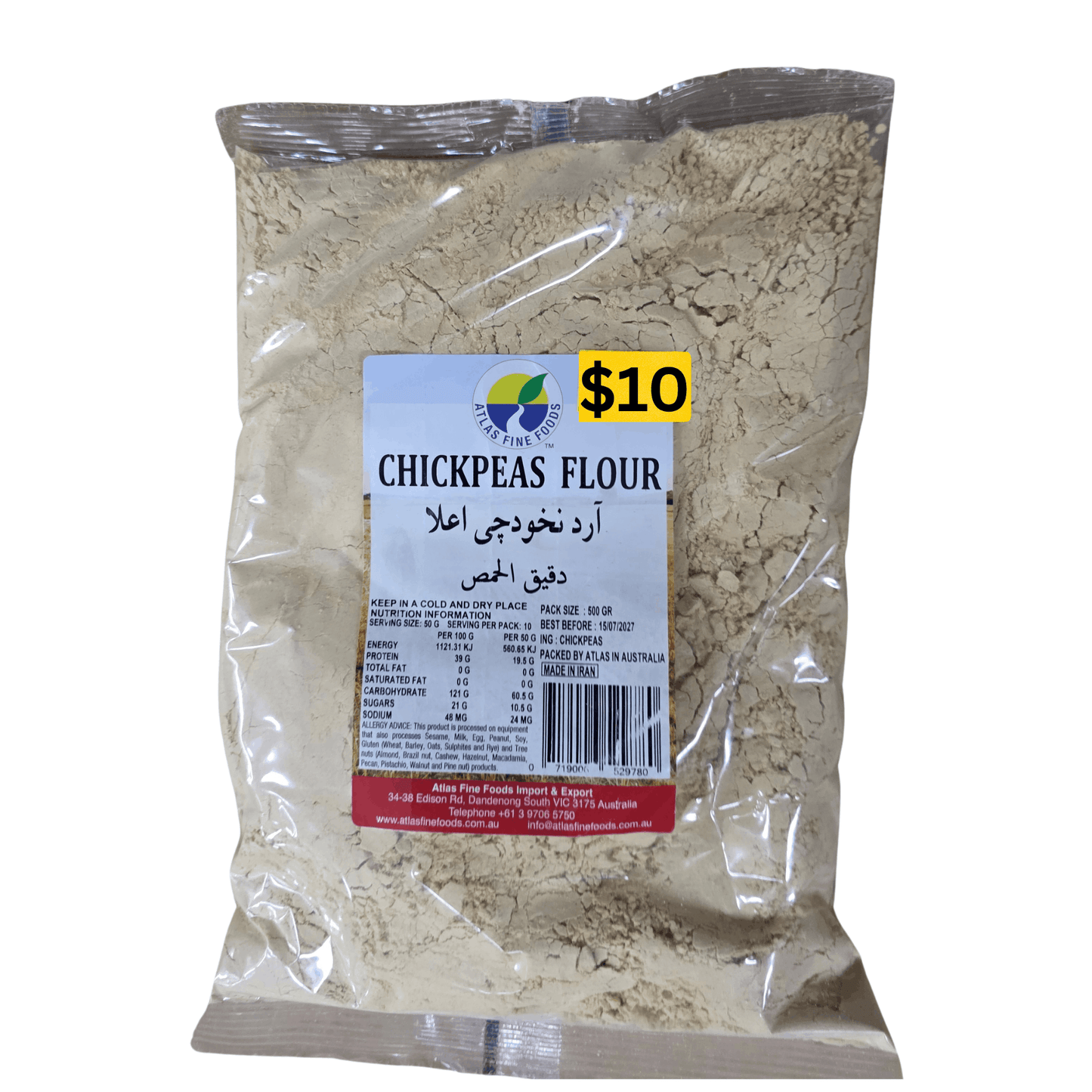 Bag of chickpeas flour with a label showing price and product details on a white background