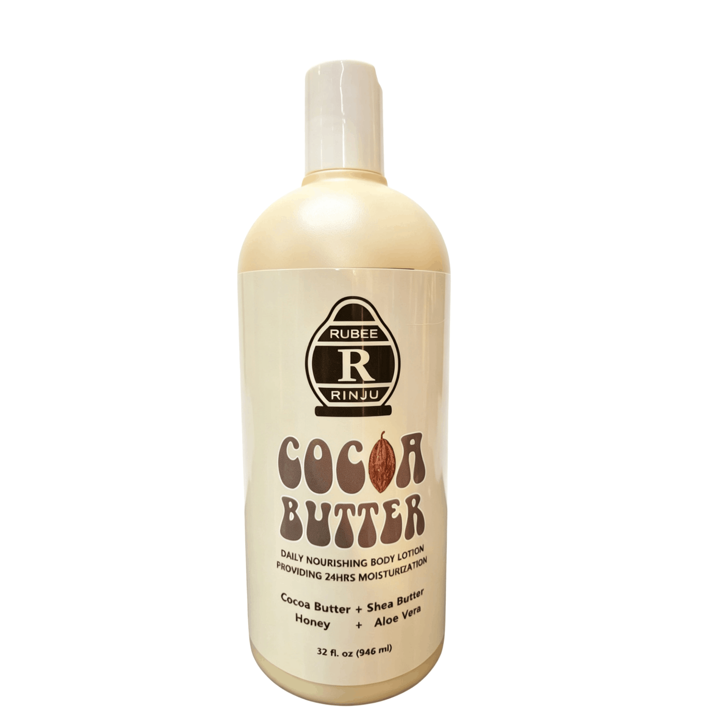 Cocoa butter lotion bottle with Rubee Rinju branding on a white background