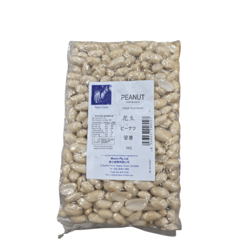 Bag of peanuts with a label on a white background