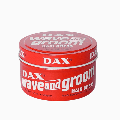 Red jar of DAX Wave and Groom hair dress on a white background