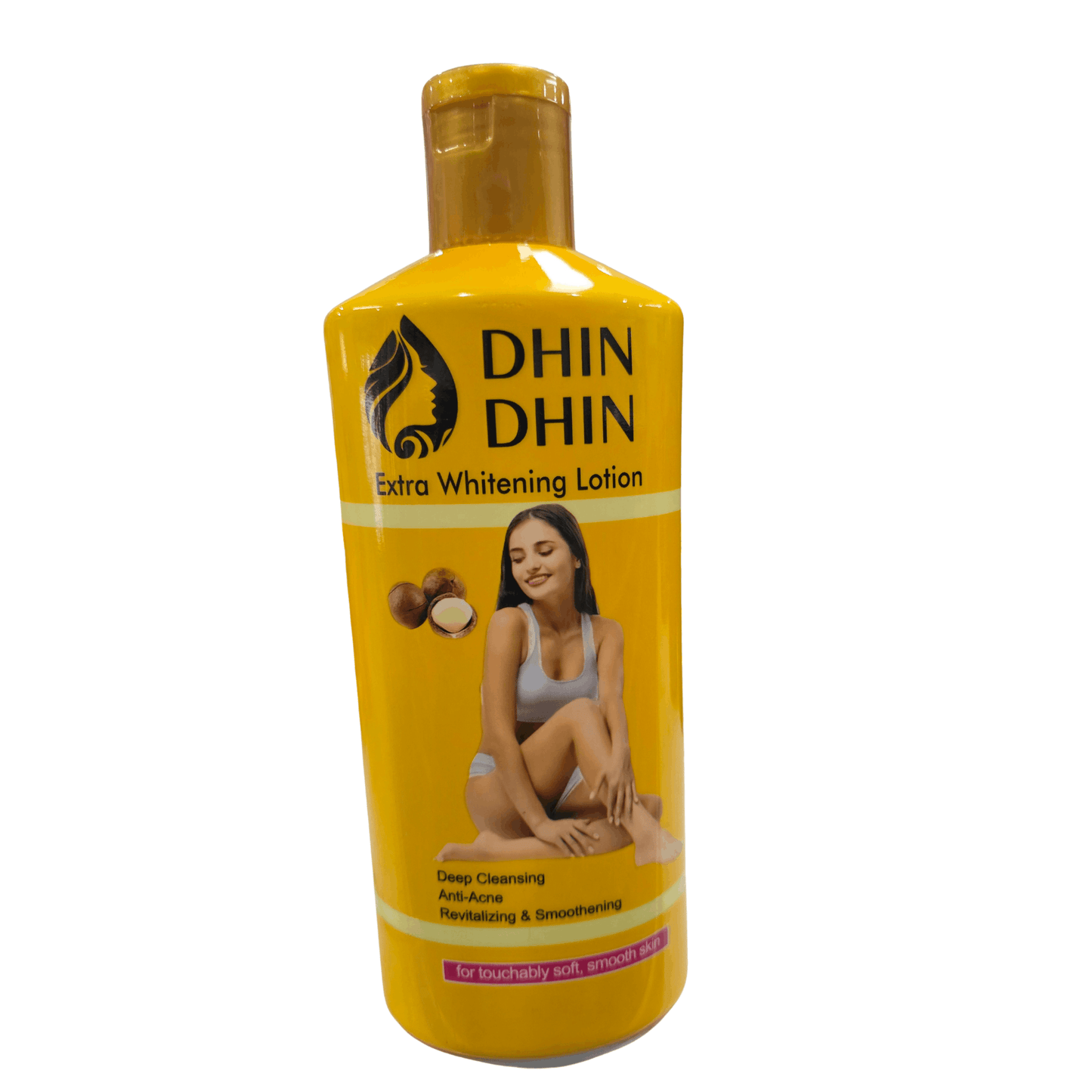 Yellow bottle of Dhin Dhin Extra Whitening Lotion on a white background