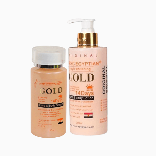 Two bottles of Egyptian Gold skincare products on a white background