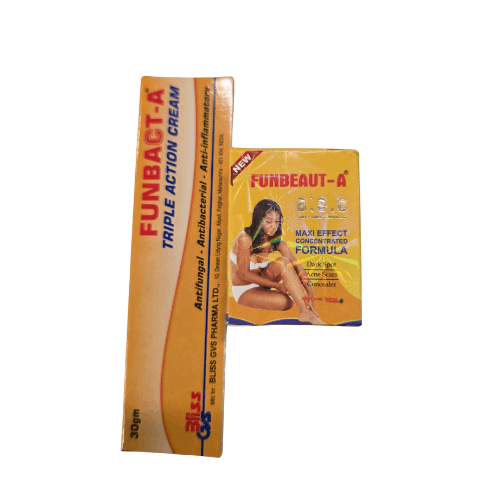 Two boxes of Funbact-A and Funbeaut-A on a white background