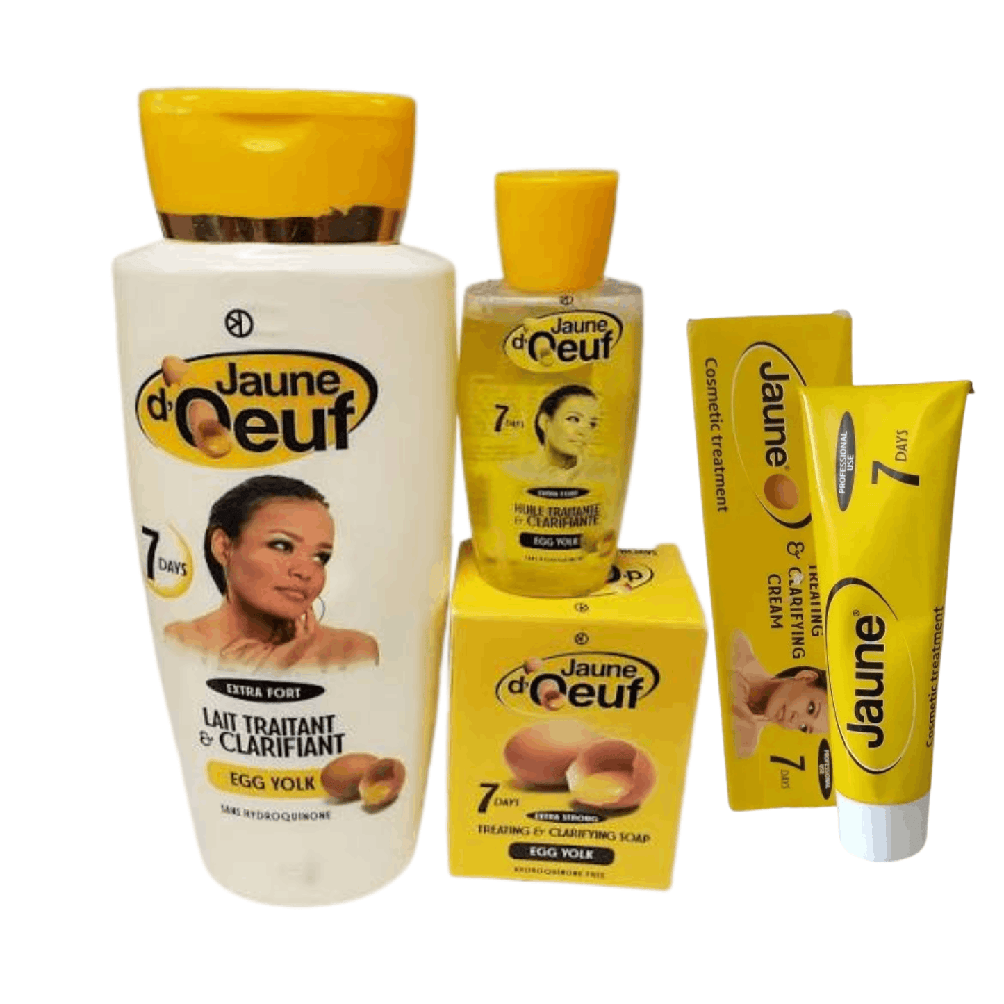 A set of four Jaune d'Ceuf 7 Days Egg Yolk hair care products, including a shampoo bottle, conditioner bottle, treatment shampoo tube, and two boxes, arranged on a plain white background.