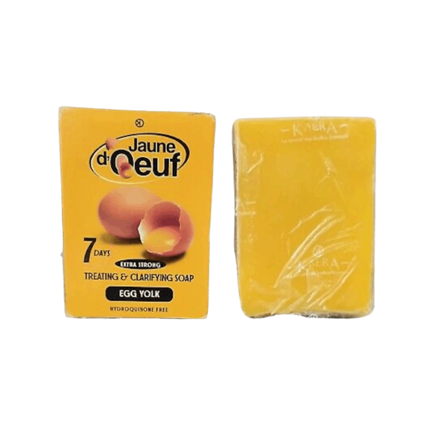 Jaune d'oeuf egg yolk soap treatment and clarifying soap shown with its yellow retail box and a wrapped yellow bar of soap on a white background.