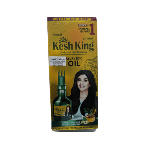 Kesh King Ayurvedic Oil packaging with a woman's face on a yellow background