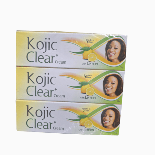 Three boxes of Kojic Clear Cream with lemon on a white background