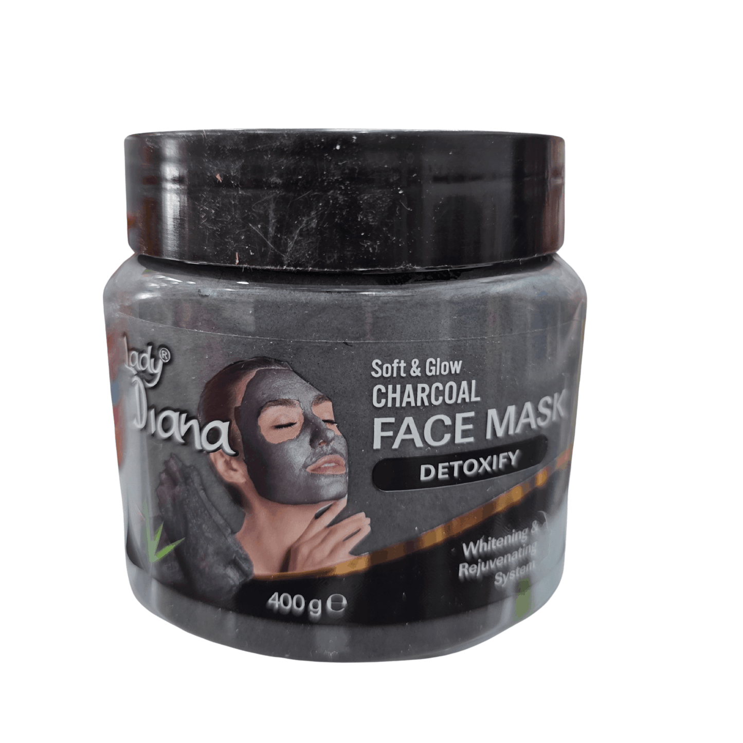 Jar of Lady Diana Charcoal Face Mask on a white background