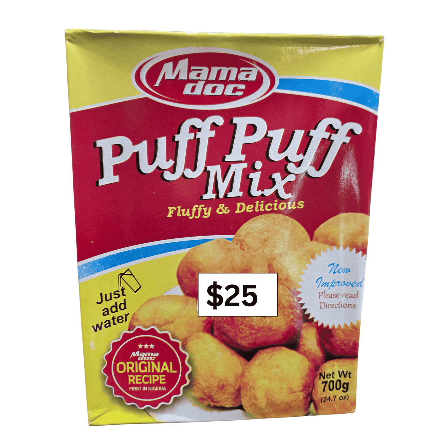 A 700g bag of Mama doc Puff Puff Mix, featuring a red and yellow package design with an image of golden-brown fried dough balls. A white price label showing '$25' is superimposed in the center of the bag.