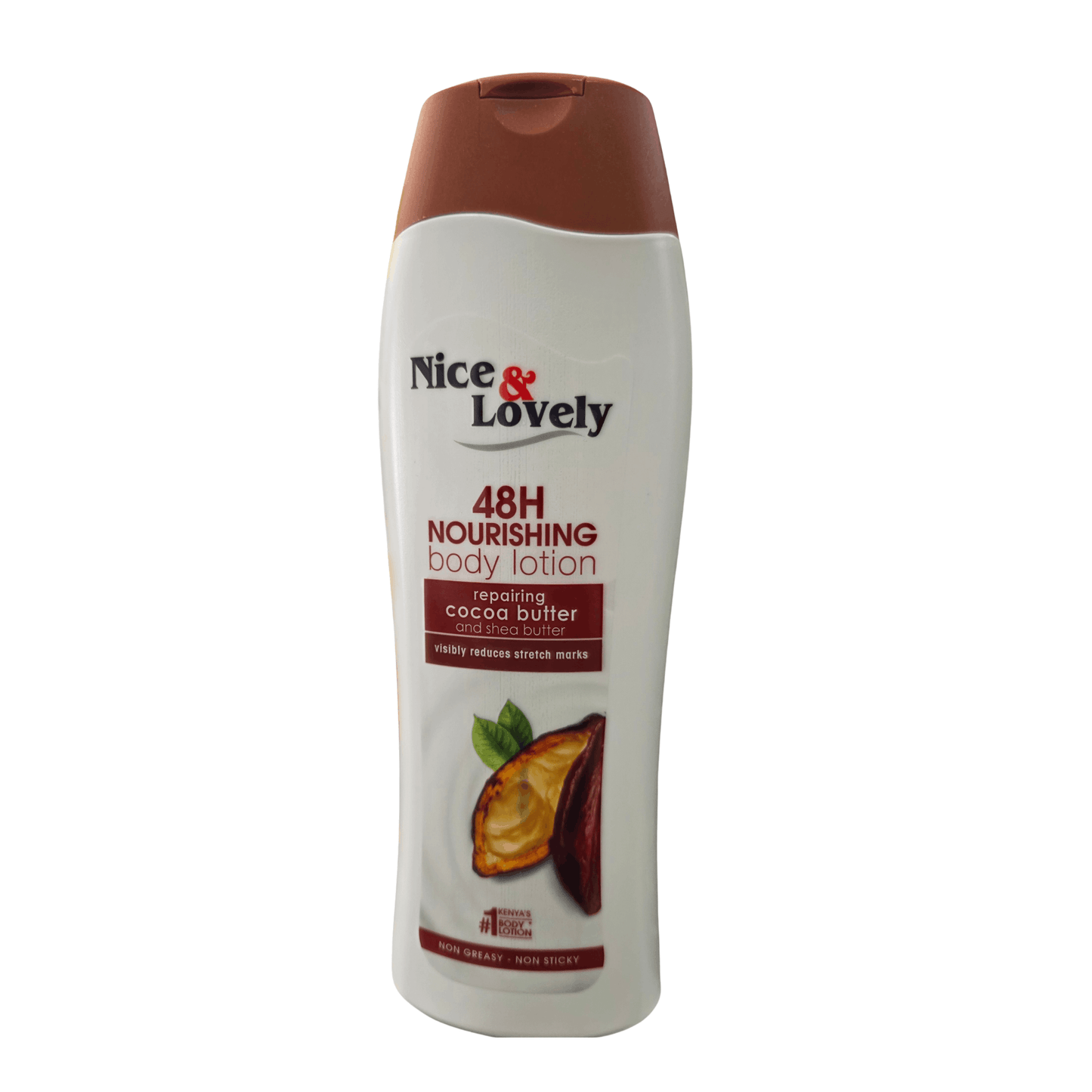 A bottle of Nice & Lovely 48H Nourishing Body Lotion in Sweet Mango Avocado flavor. The bottle is white with a brown cap and features a graphic of a sliced mango on the front label.