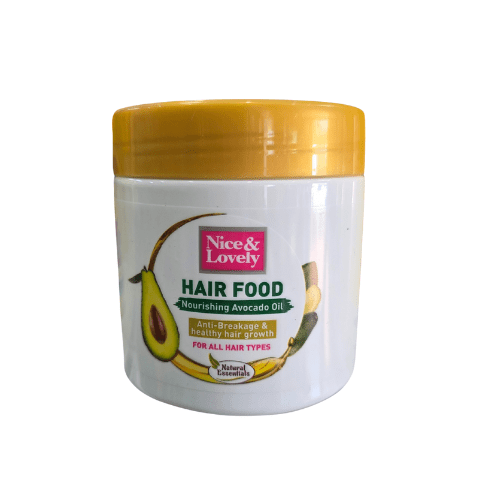 Jar of 'Nice & Lovely Hair Food' with avocado illustration on a white background