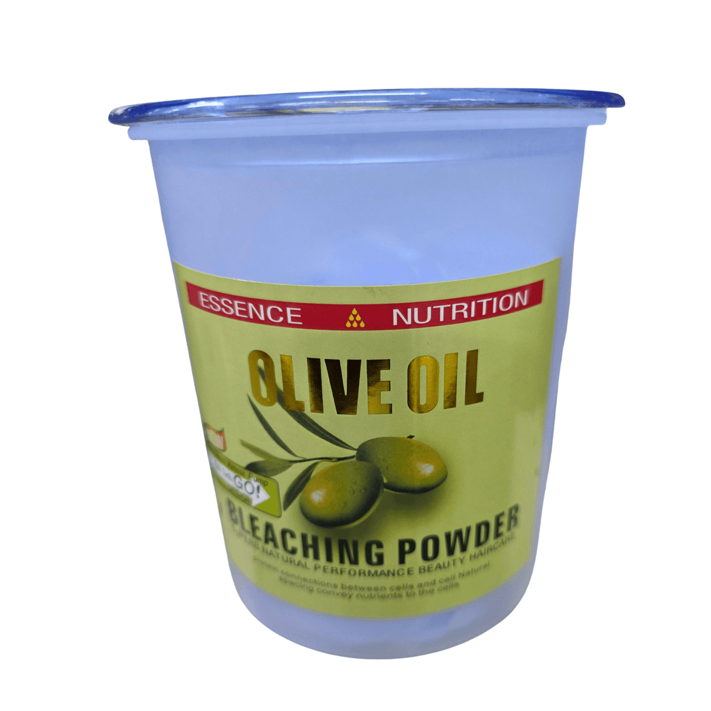 Container of olive oil bleaching powder with a label on a white background