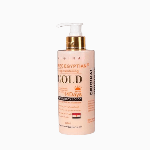 Descriptive text about a bottle of Original Egyptian Gold lotion on a white background