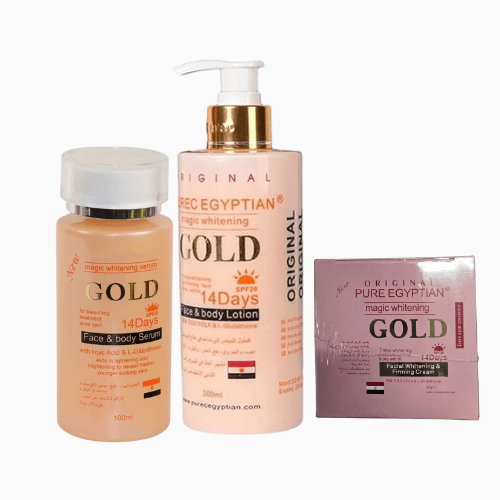 Three bottles of Original Pure Egyptian Gold skincare products on a white background