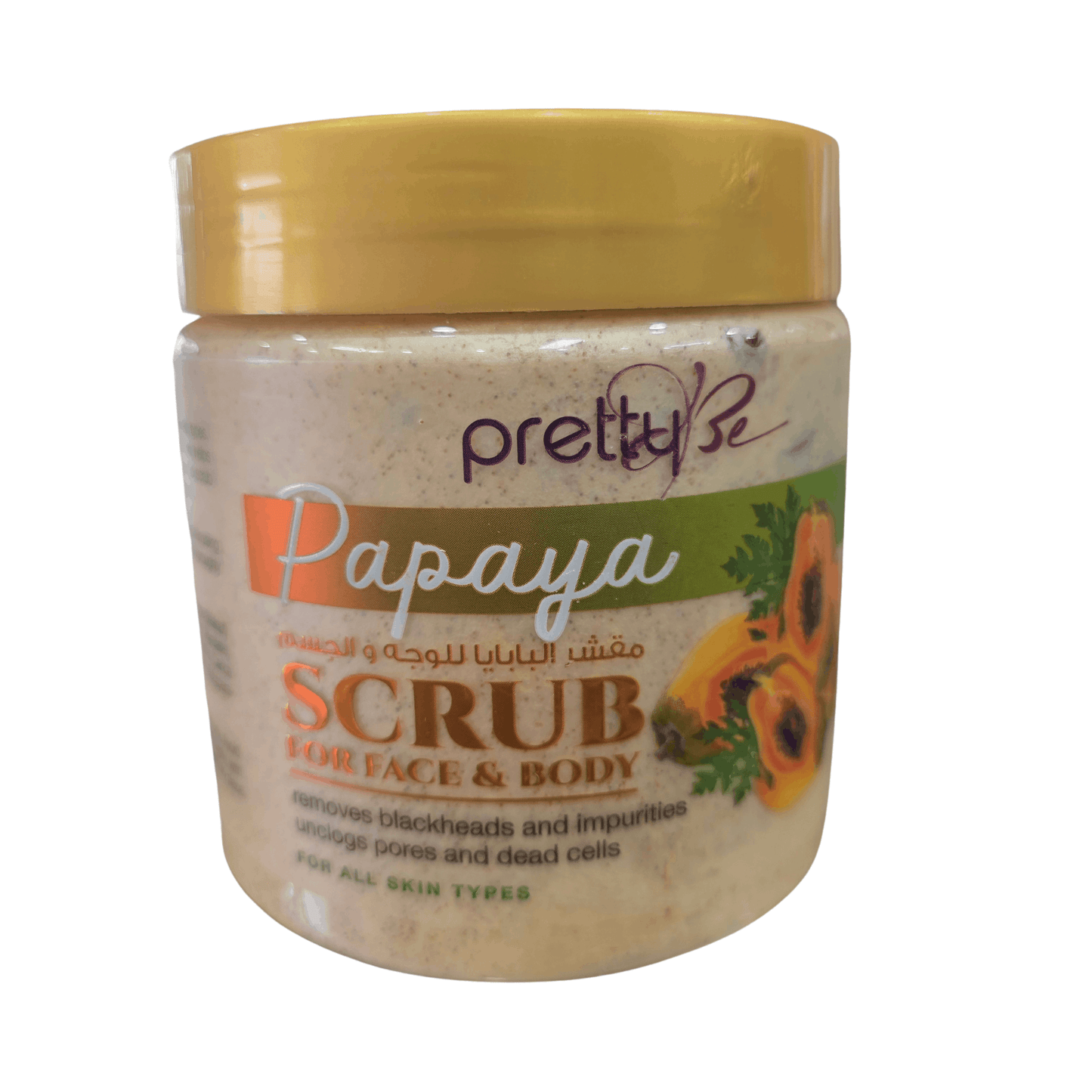 Jar of Papaya scrub with a yellow lid on a white background