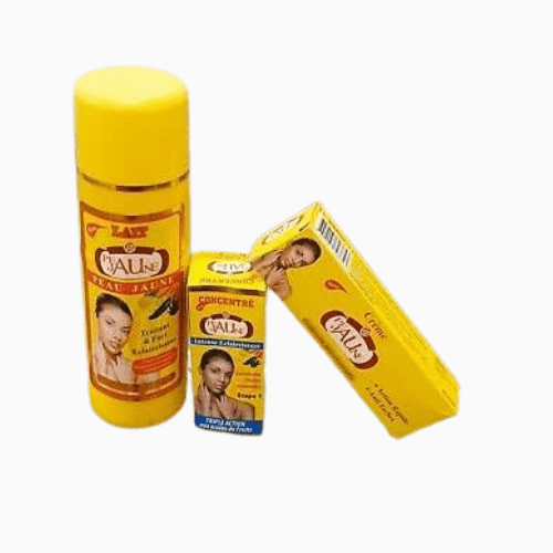 Yellow bottles and boxes of Laula skincare products on a white background