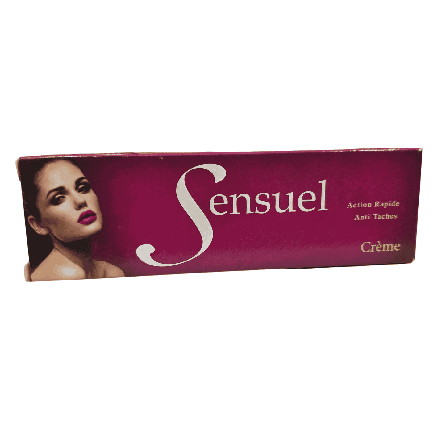 A box of Sensuel Crème anti-odor anti-tache cream, featuring a deep magenta cover with a portrait of a woman on the left and white text.