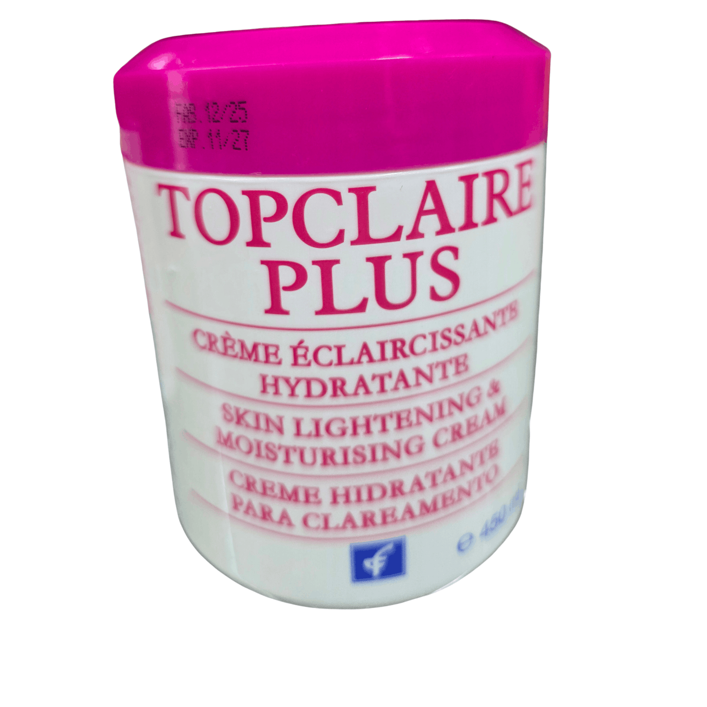 Topclaire Plus skin lightening and moisturizing cream jar with pink lid on a white background