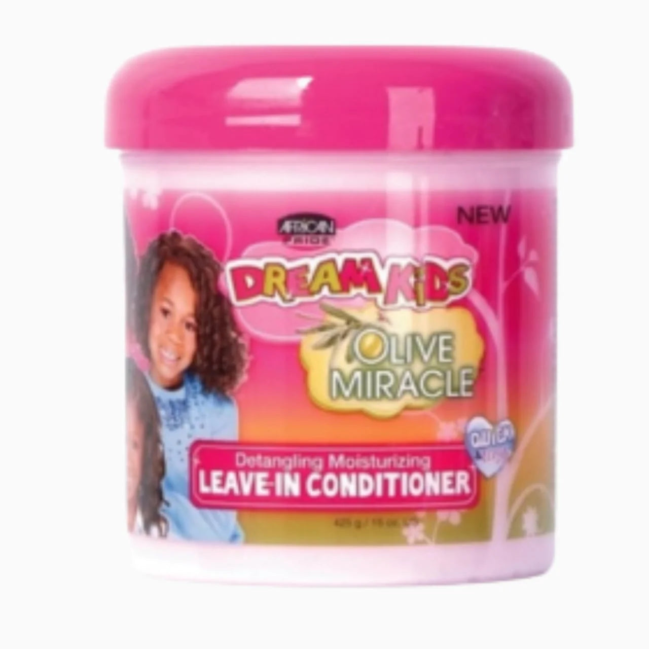 Dream Kids Olive Miracle Leave-In Conditioner. Enriched with olive oil, this nourishing formula detangles, conditions, and adds shine, making hair easy to style