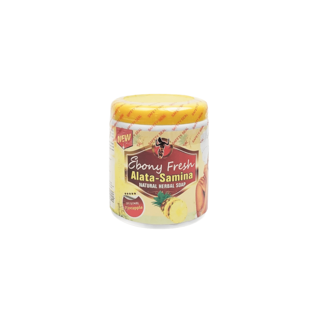 Ebony Fresh Pineapple Scented Alata Samina Soap. This invigorating soap combines the natural cleansing power of Alata Samina with a delightful pineapple fragrance, leaving your skin clean