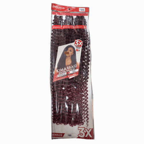 Packaged hair product with a clear front and red top, featuring a model image on a white background.