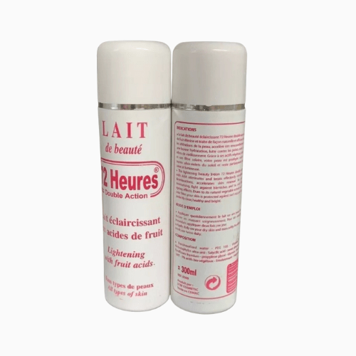 Two bottles of 'Lait de Beaute' with text on a white background