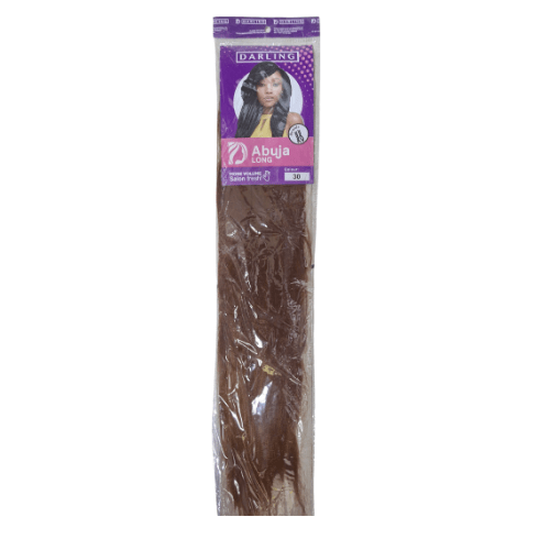 Packaged hair extensions with a purple label on a white background