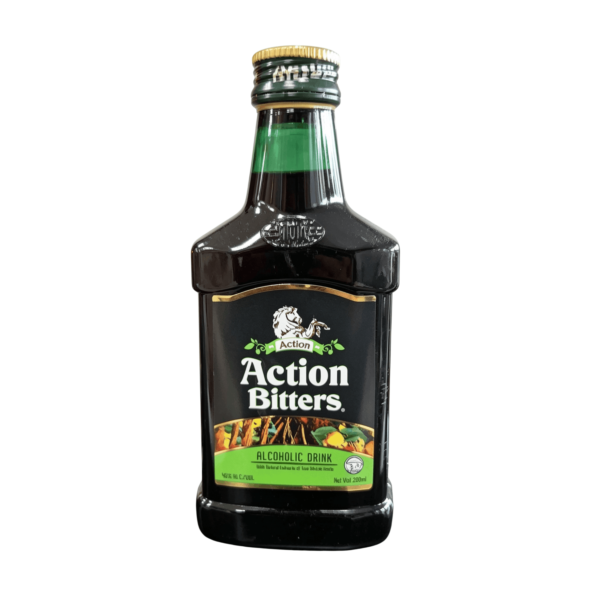 Bottle of Action Bitters on a white background