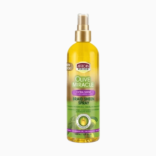 Olive Miracle braid sheen spray bottle on a white background