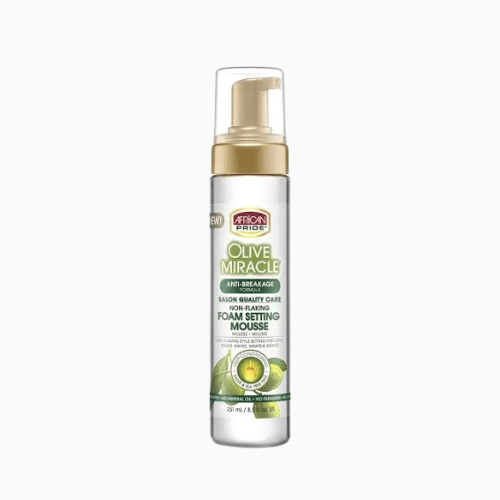 Style with confidence using African Pride Olive Miracle Foam Setting Mousse. Defines curls, tames frizz & adds shine for soft, long-lasting hold.