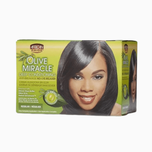 Box of African Pride Olive Miracle Deep Conditioning Anti-Breakage No-Lye Relaxer with a woman's face on the packaging.