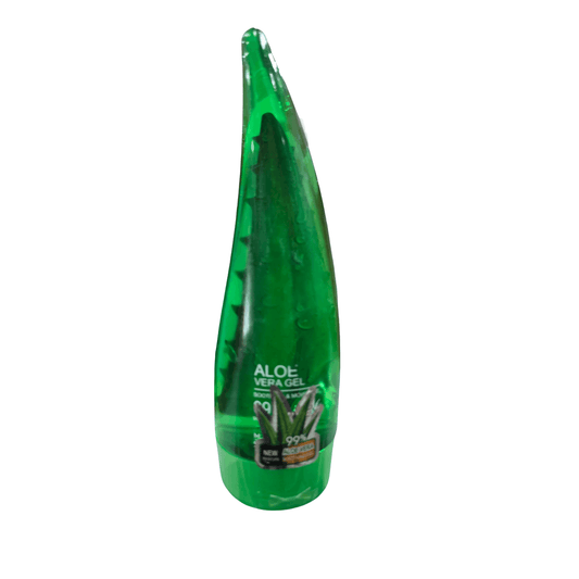 Green bottle of aloe vera gel on a white background