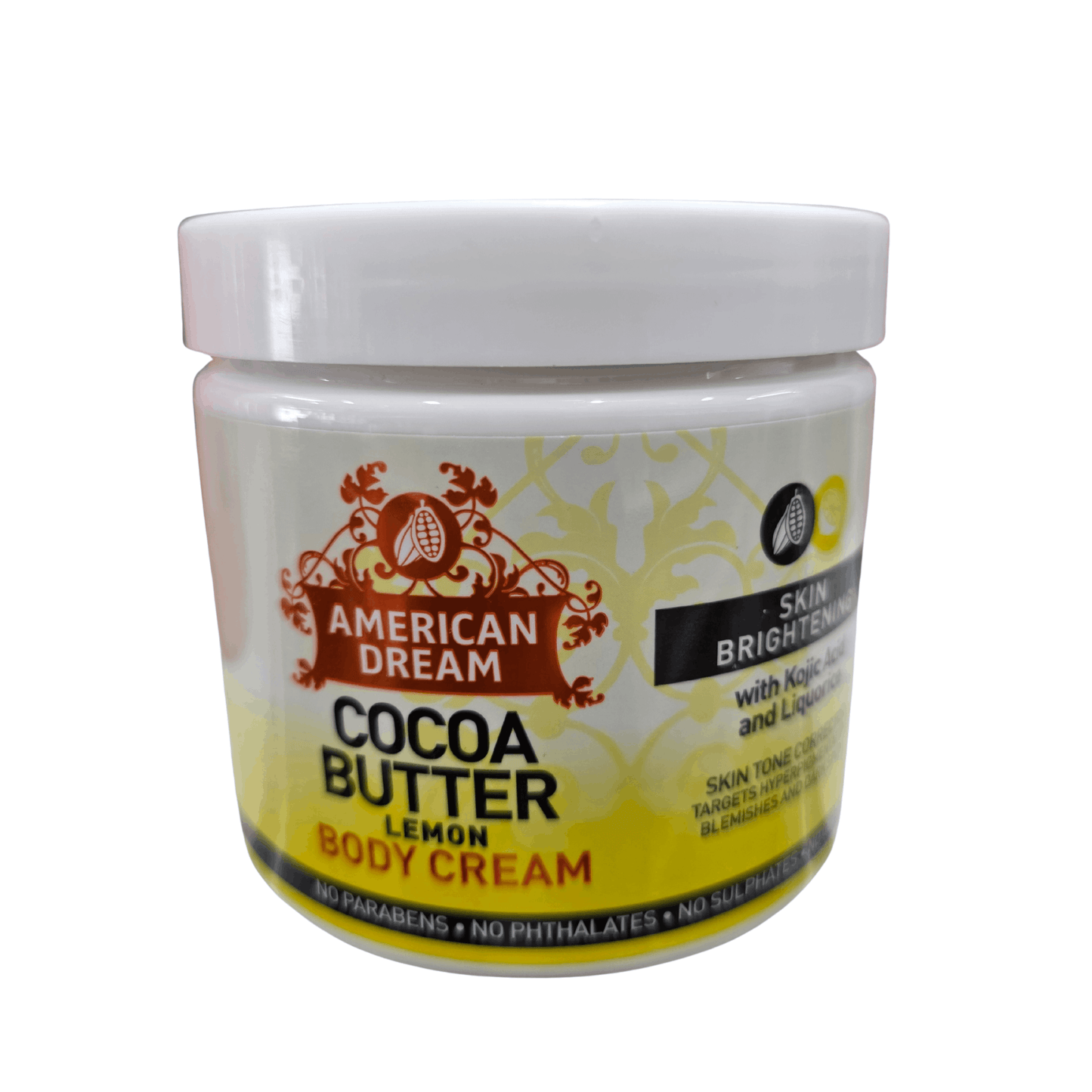 Jar of American Dream Cocoa Butter Lemon Body Cream on a white background