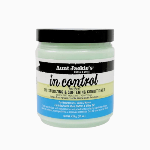 Jar of Aunt Jackie's 'in control' conditioner on a white background