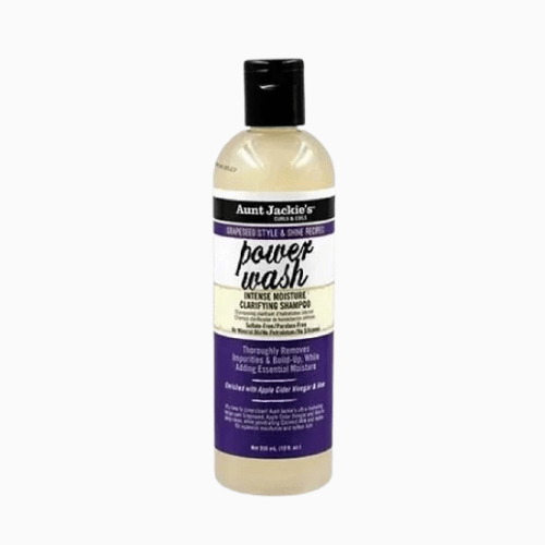 Bottle of Aunt Jackie's Power Wash Shampoo on a white background