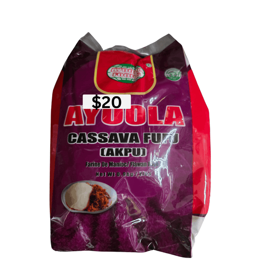 Purple packaging of Ayuola Cassava Fufu with a price tag of $20 on a white background
