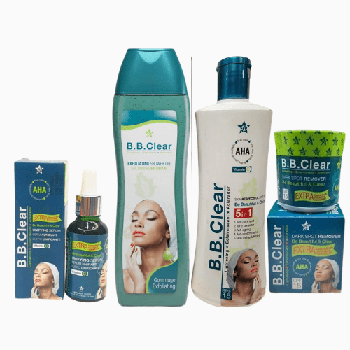 Collection of B.B.Clear skincare products on a white background