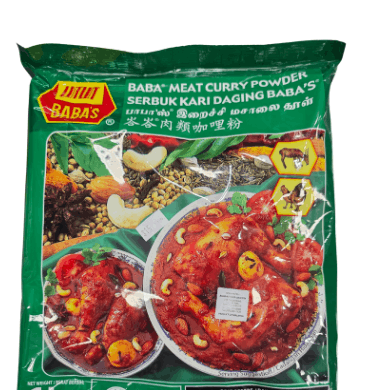 Green package of Baba Meat Curry Powder with images of food on a white background