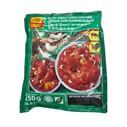 Green package of Babas meat curry powder with images of curry and text on a white background