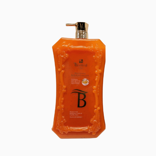 Orange bottle with a pump dispenser on a white background