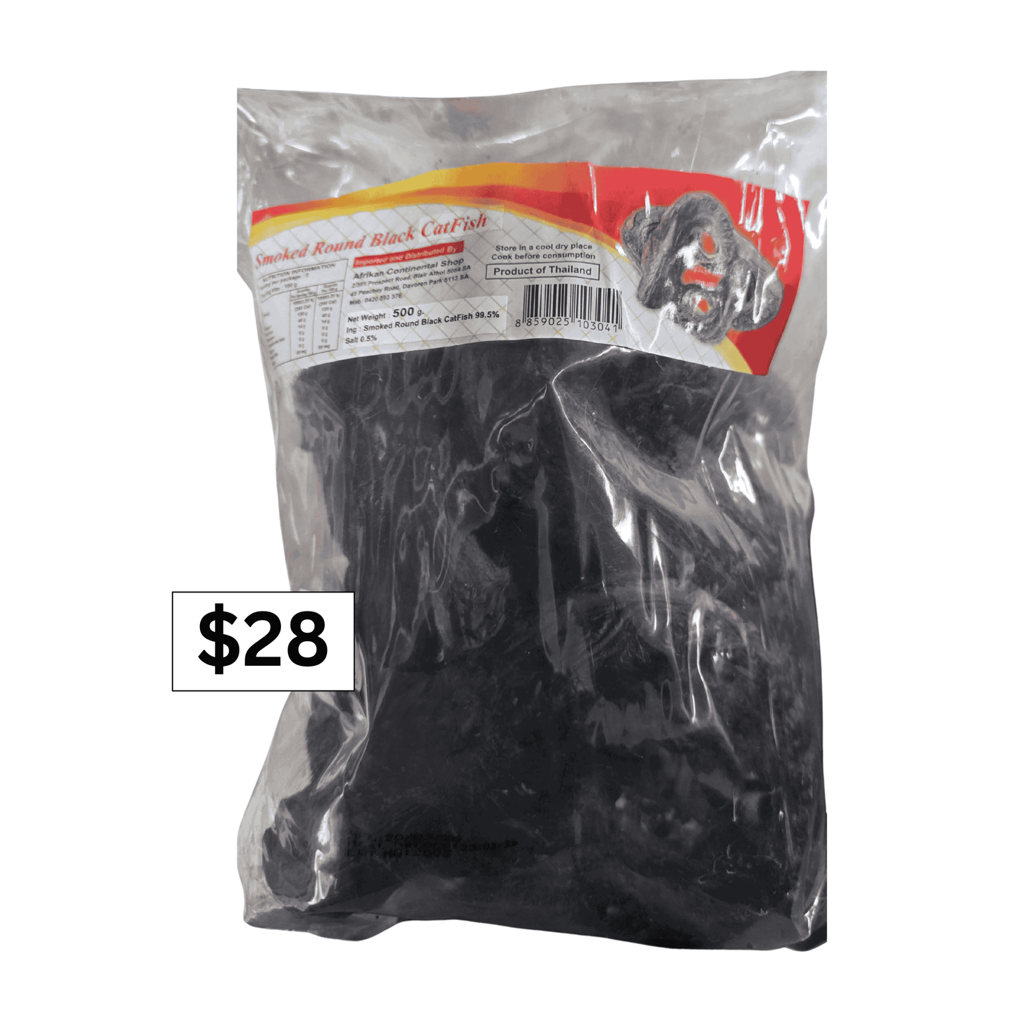 A clear plastic bag containing black catfish fillets, with a red and yellow label at the top. A white box with the text '$28' is overlaid on the left side.