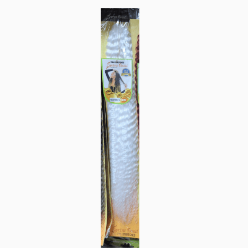 Packaged hair extensions with a visible brand label on a white background
