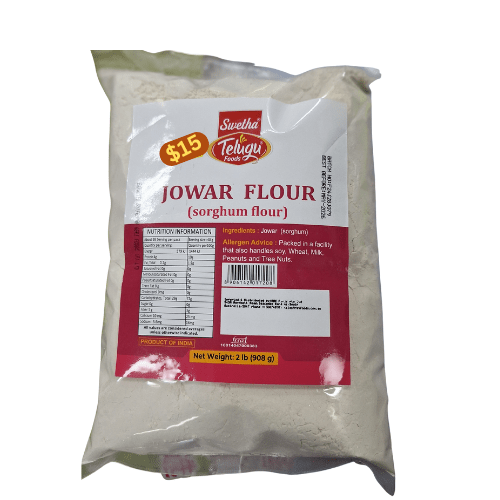 Bag of jowar flour with a red label on a white background