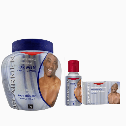 Clairol Men hair care products including a jar, bottle, and box on a white background