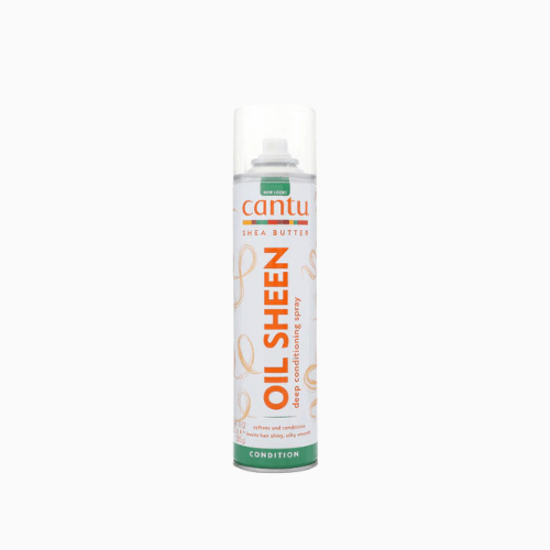 Cantu Oil Sheen deep conditioning spray can on a white background