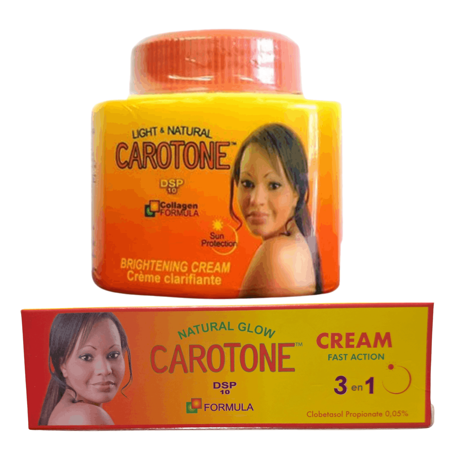 Carotone cream jar and box with a woman's face on the packaging against a white background